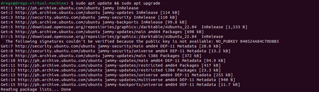This screenshot shows the command for updating and upgrading the apt command.