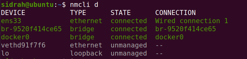 nmcli command output