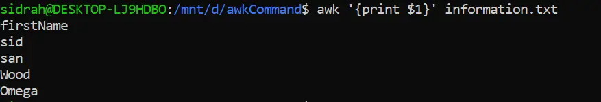 use awk command in bash